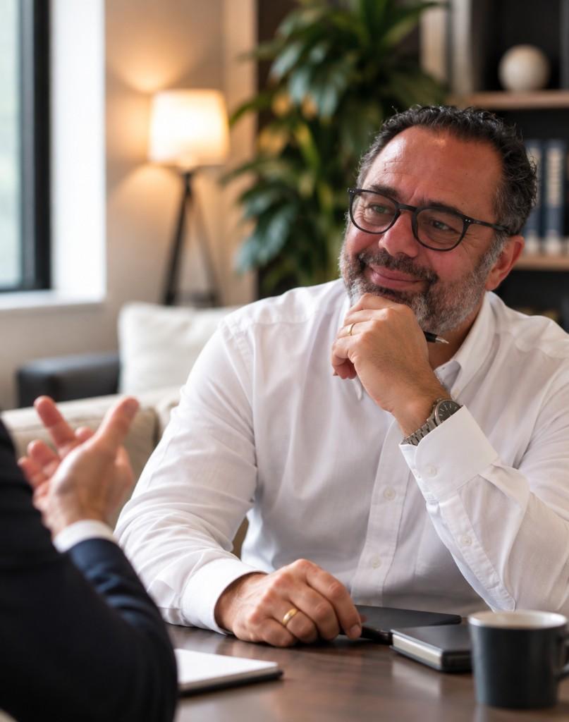 Joe Papadatos seated in conversation with another executive.