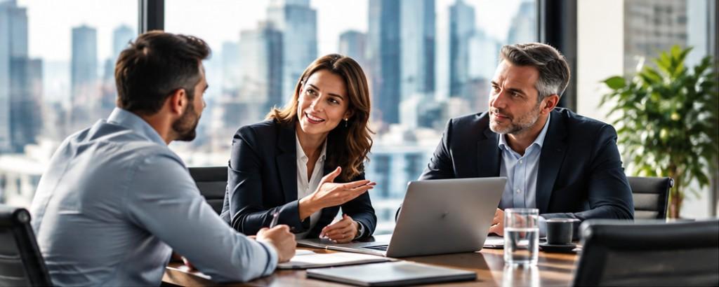 Three professionals collaborating around a meeting table.