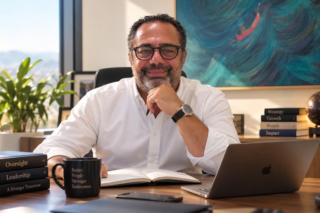 Joe Papadatos seated at his desk.
